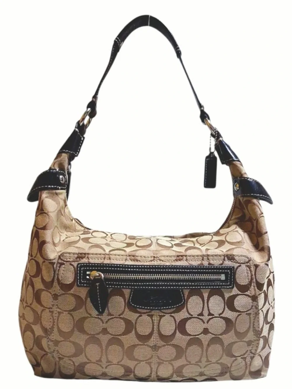 COACH Penelope Signature Hobo Canvas Bag Tan Brown with Black Handle and Trim